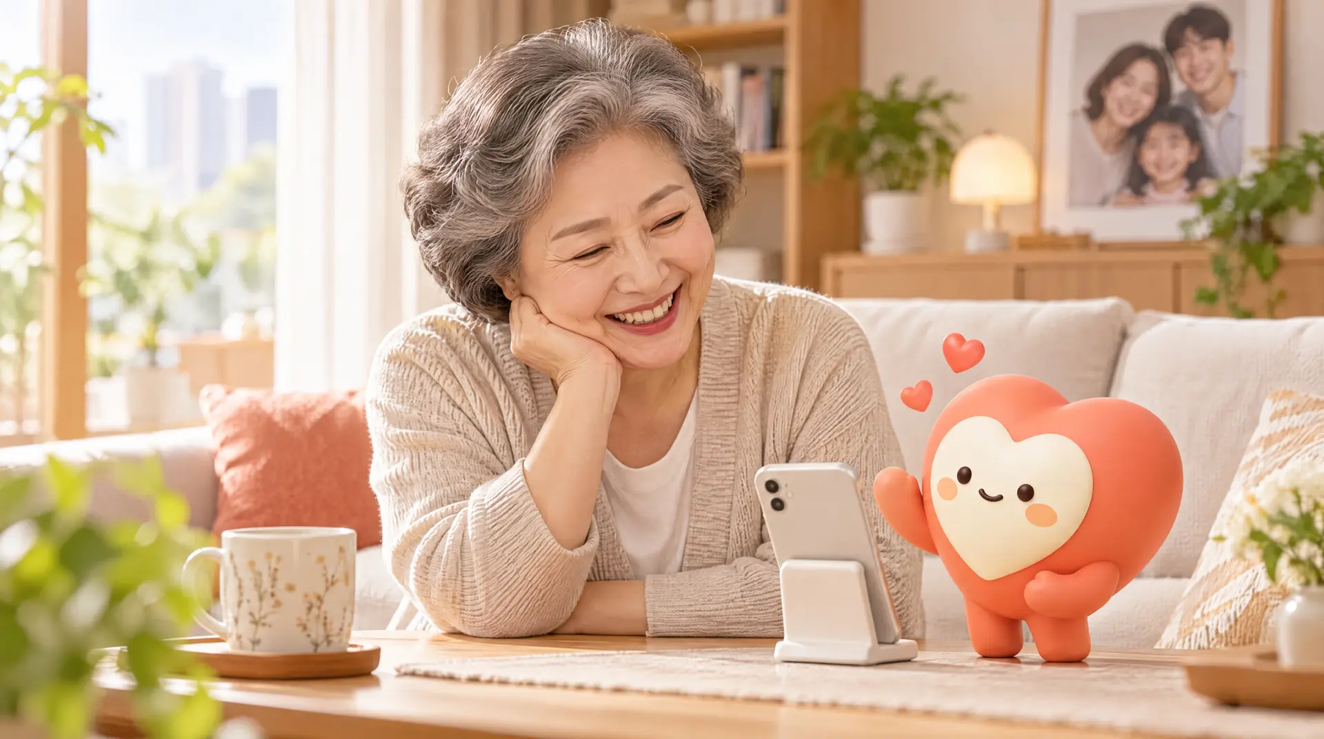 거실에서 스마트폰으로 이음이와 대화하는 부모님