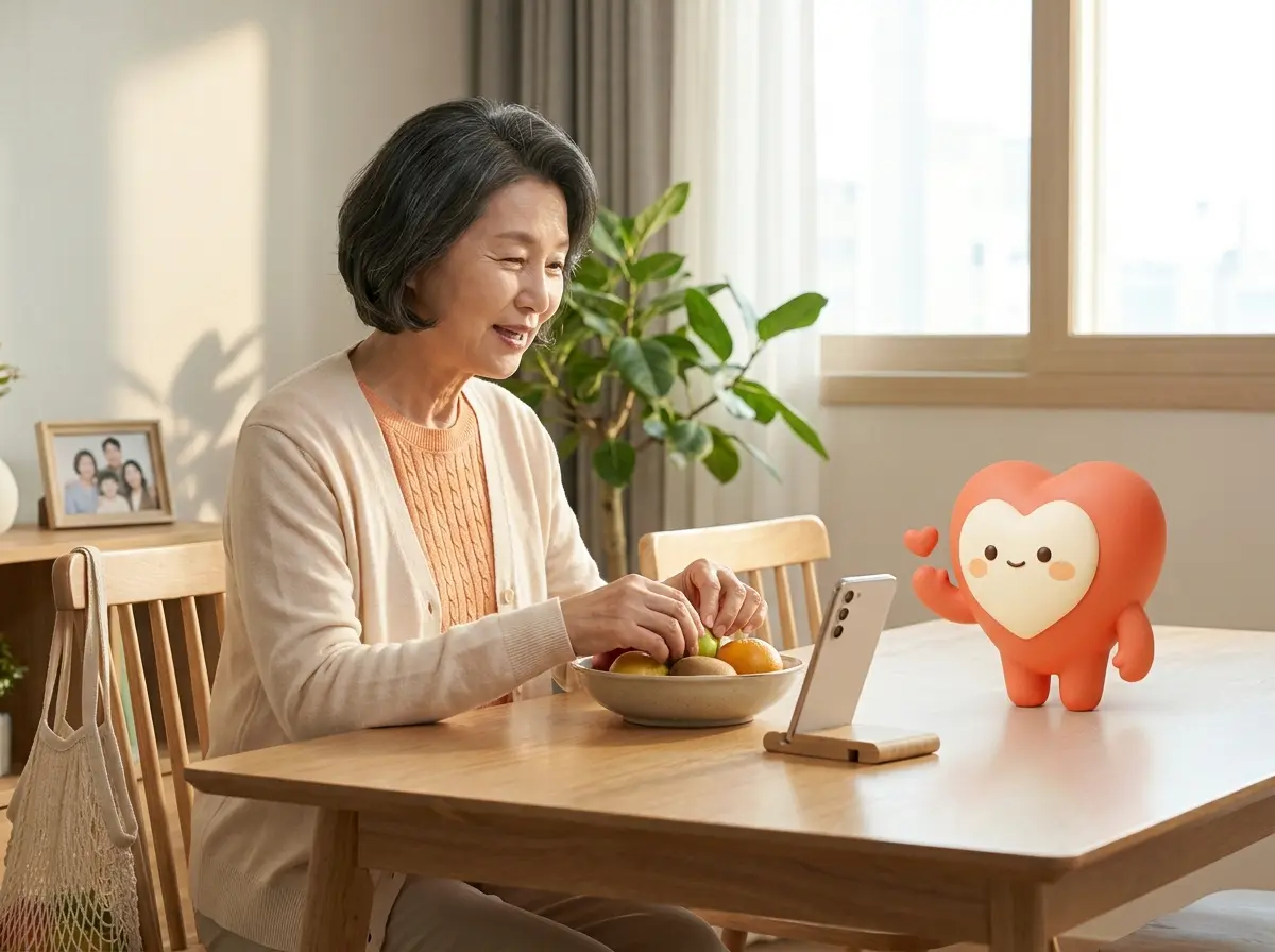 집에서 스마트폰으로 AI 친구 이음과 편하게 대화하는 부모님
