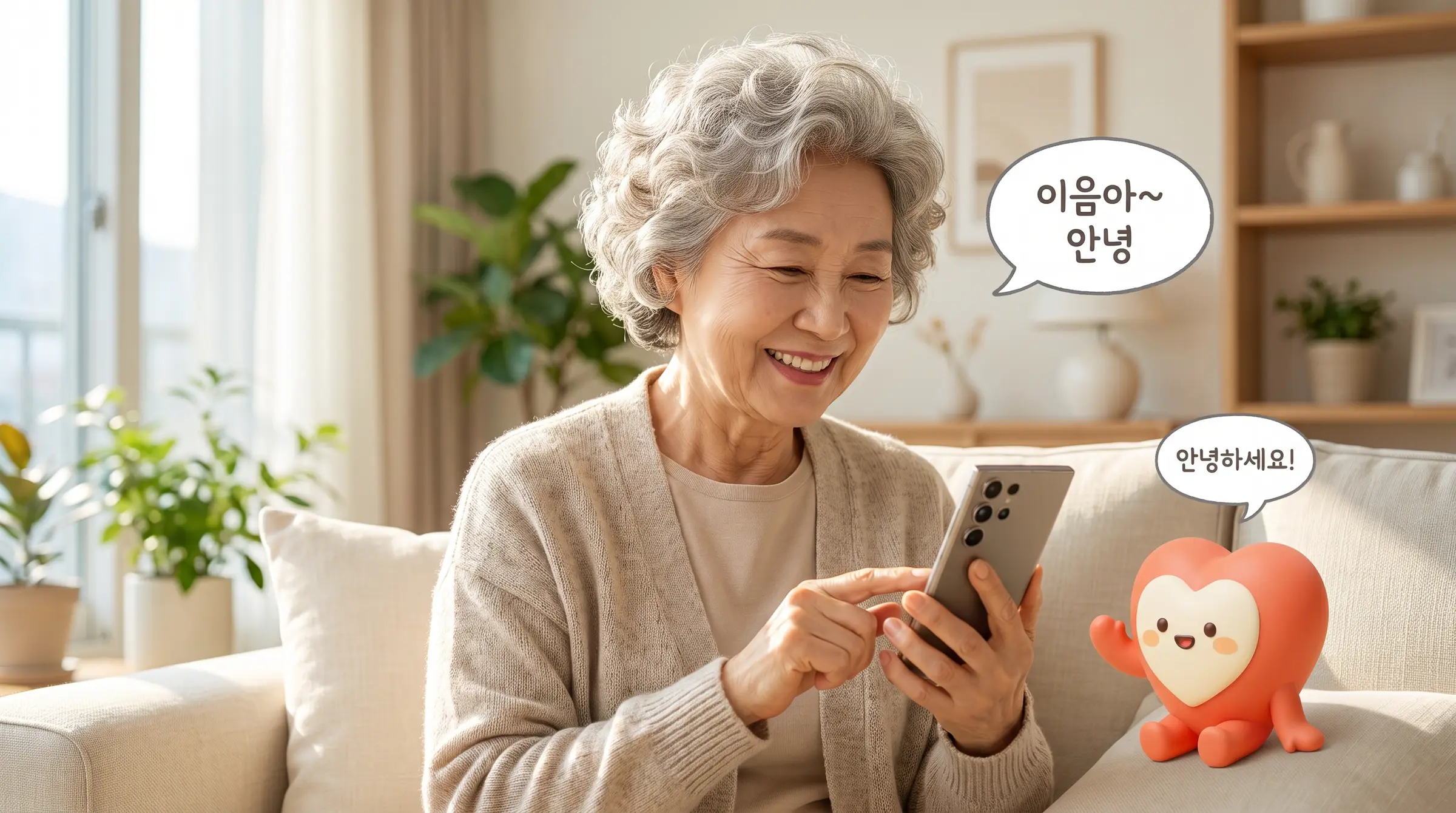 소파에 앉아 스마트폰으로 이음이와 반갑게 인사를 나누는 부모님